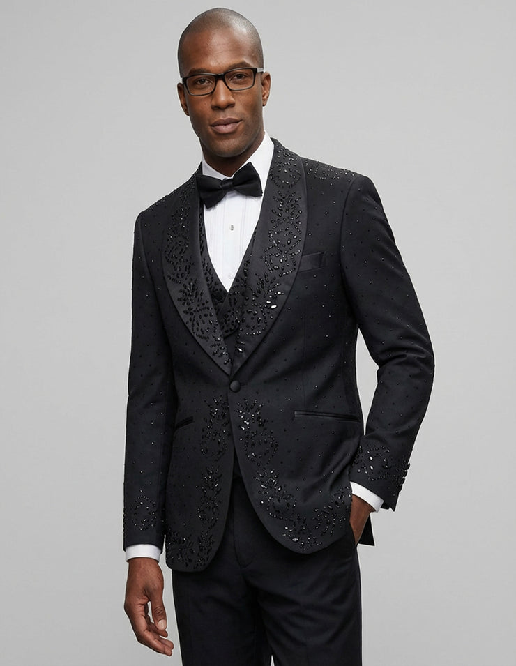 ROBERTO 3 PC BLACK RHINESTONE MODERN FIT LUXURY TUXEDO