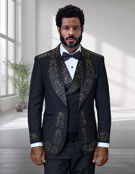 ROBERTO 3 PC GOLD RHINESTONE MODERN FIT LUXURY TUXEDO