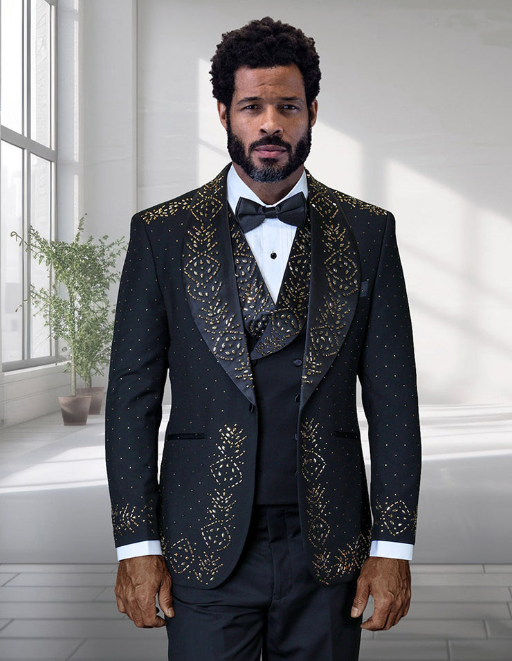 ROBERTO 3 PC GOLD RHINESTONE MODERN FIT LUXURY TUXEDO