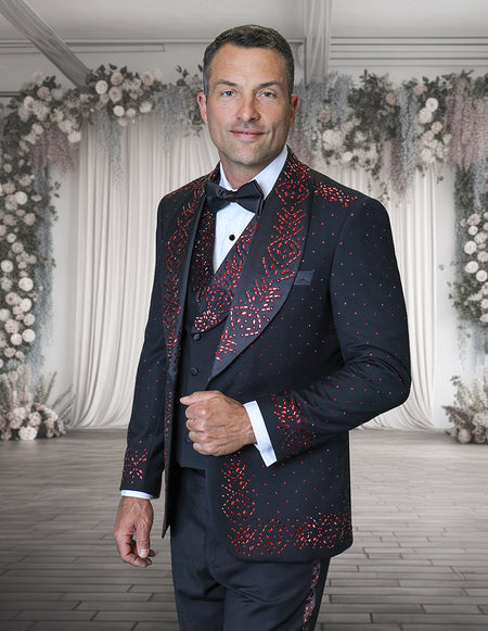 ROBERTO 3 PC RED RHINESTONE MODERN FIT LUXURY TUXEDO