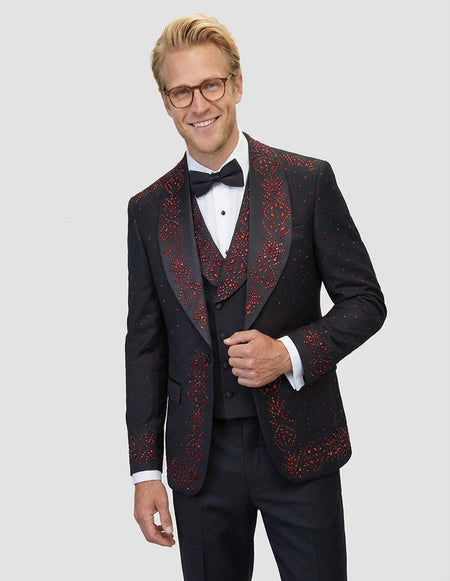 ROBERTO 3 PC RED RHINESTONE MODERN FIT LUXURY TUXEDO