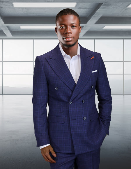 DIEGO 2 PC SAPPHIRE PLAID DOUBLE BREASTED MODERN SUIT