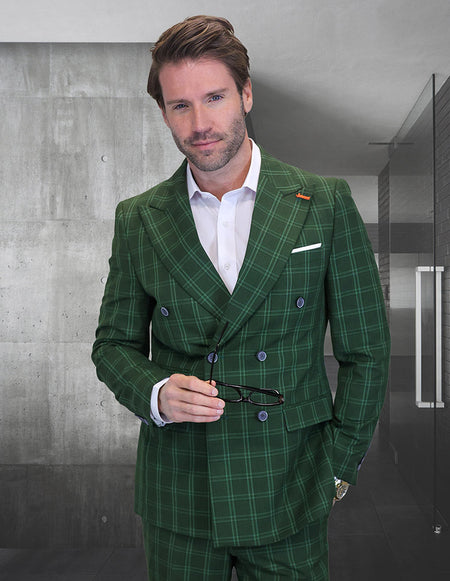 DANTE 2 PC OLIVE PLAID DOUBLE BREASTED MODERN FIT SUIT