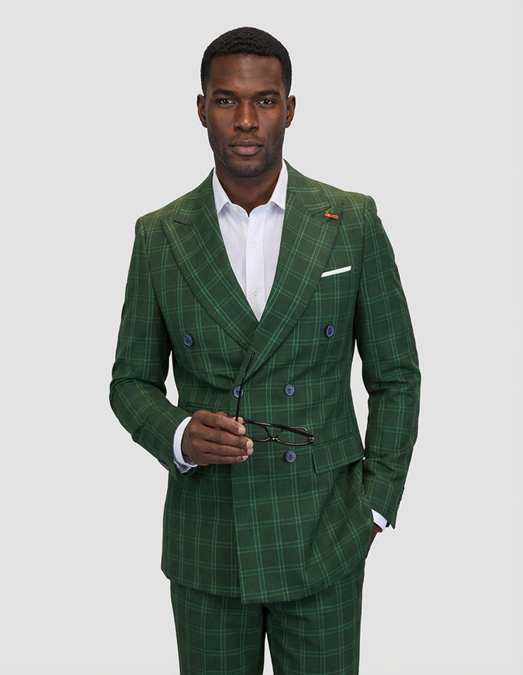 DANTE 2 PC OLIVE PLAID DOUBLE BREASTED MODERN FIT SUIT