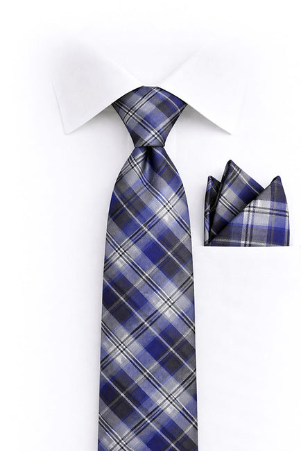 INDIGO PLAID 2 PC TIE & HANKIE SET
