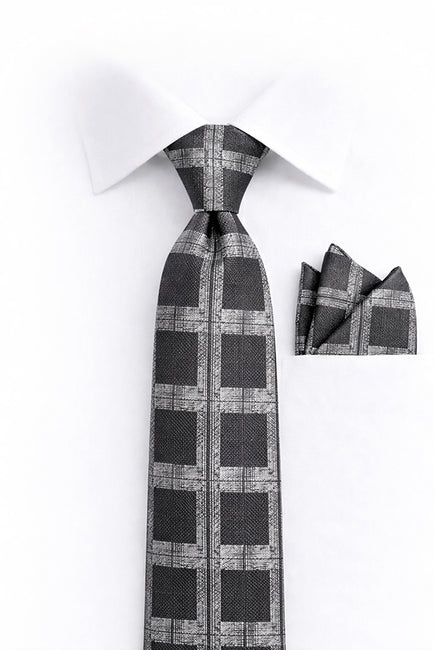 GRAY CHECKERED 2 PC TIE & HANKIE SET