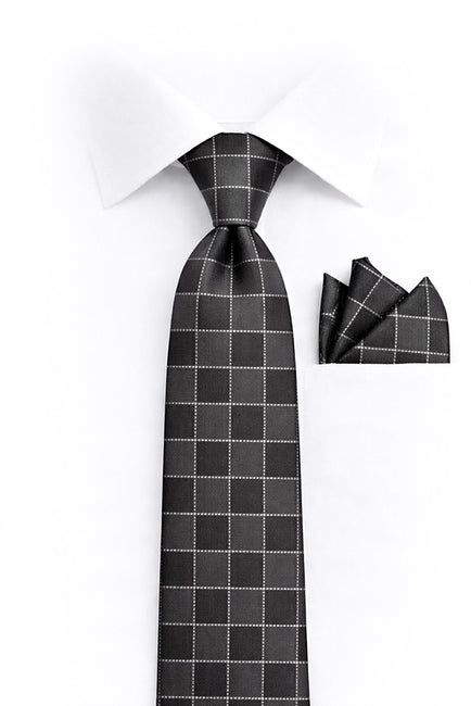 CHARCOAL CHECKERED 2 PC TIE & HANKIE SET