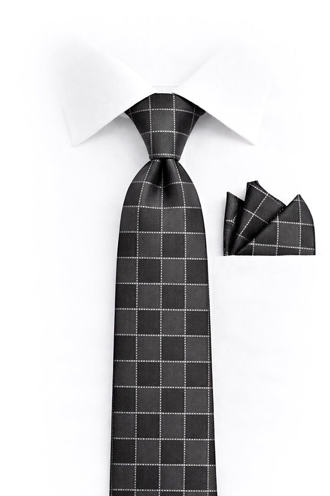 CHARCOAL CHECKERED 2 PC TIE & HANKIE SET