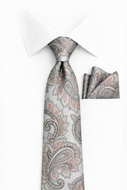 GRAY PAISLEY 2 PC TIE & HANKIE SET