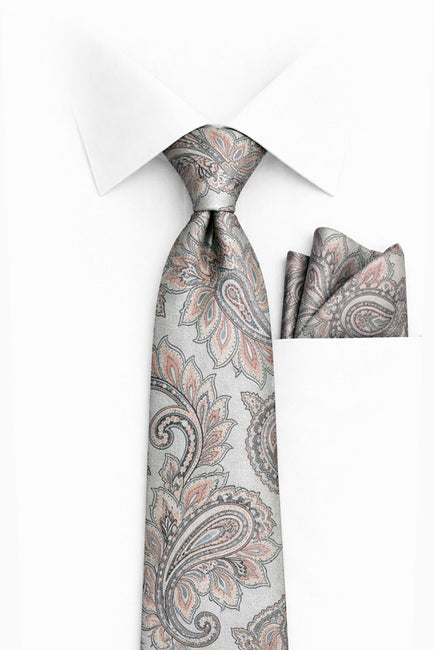 GRAY PAISLEY 2 PC TIE & HANKIE SET