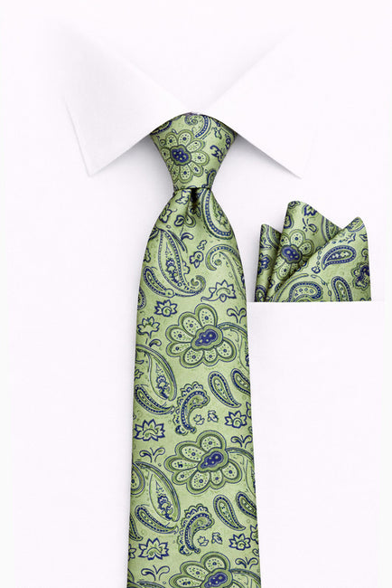 GREEN PAISLEY 2 PC TIE & HANKIE SET