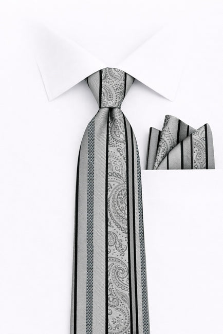 GRAY STRIPE 2 PC TIE & HANKIE SET