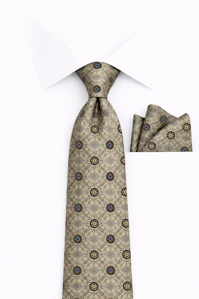 TAN GEO 2 PC TIE & HANKIE SET