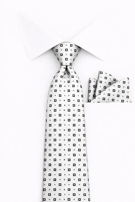 WHITE GEO 2 PC TIE & HANKIE SET