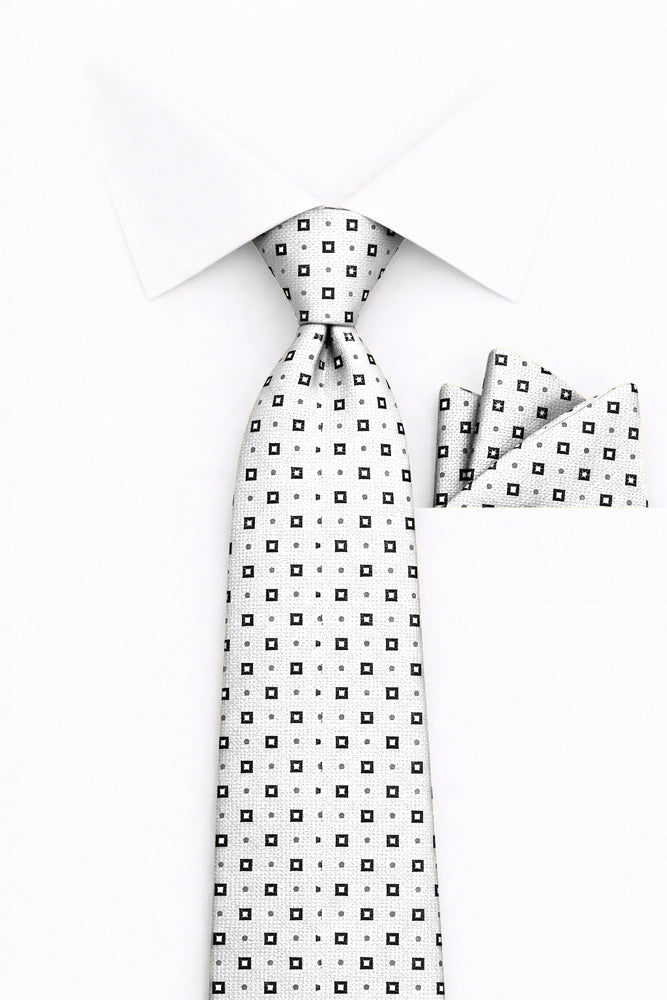 WHITE GEO 2 PC TIE & HANKIE SET