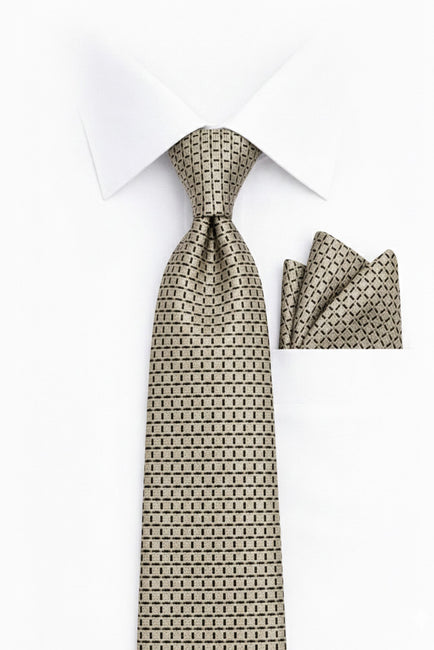 TAN GEO 2 PC TIE & HANKIE SET