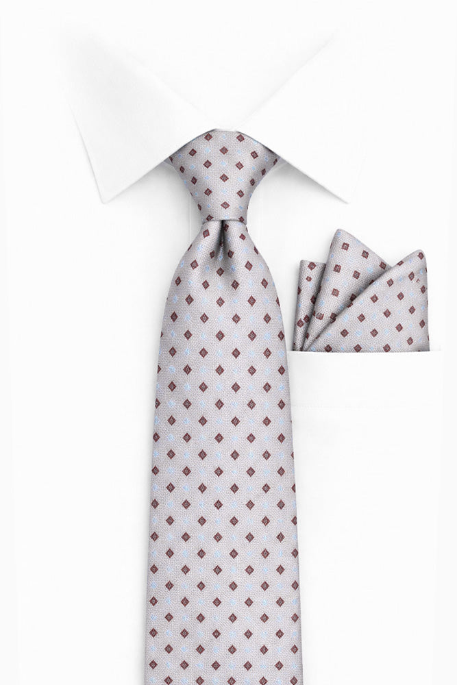 LIGHT GRAY GEO 2 PC TIE & HANKIE SET