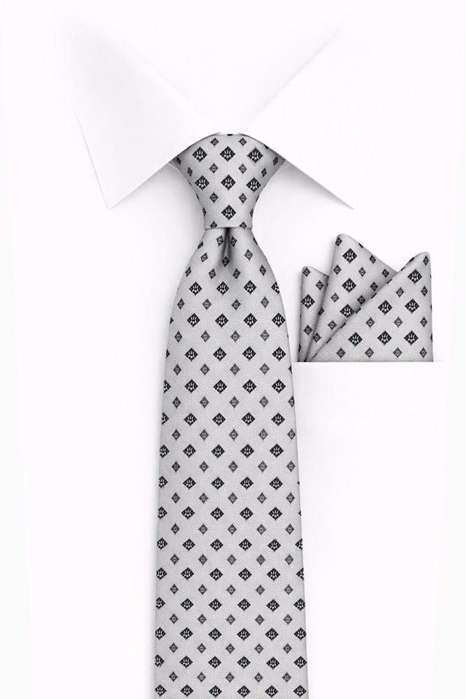 GRAY GEO 2 PC TIE & HANKIE SET