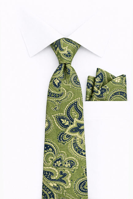 GREEN PAISLEY 2 PC TIE & HANKIE SET