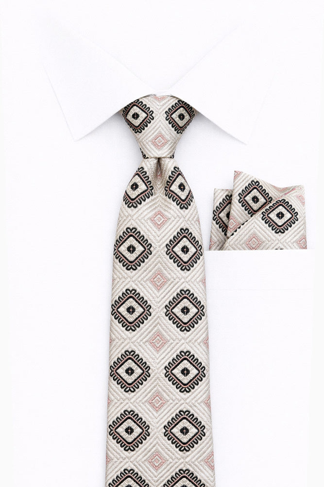 WHITE GEO 2 PC TIE & HANKIE SET