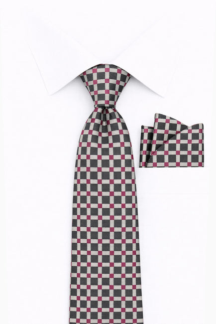 CHARCOAL PINK CHECKERED 2 PC TIE & HANKIE SET