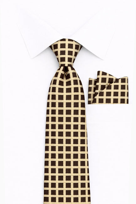 BROWN CREAM CHECKERED 2 PC TIE & HANKIE SET
