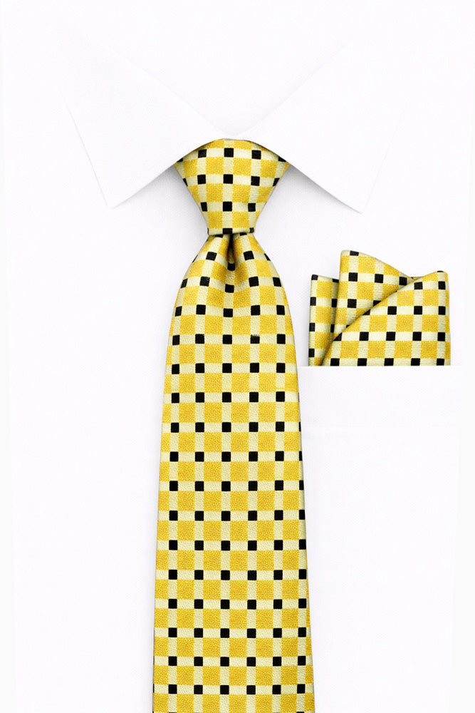 YELLOW CHECKERED 2 PC TIE & HANKIE SET