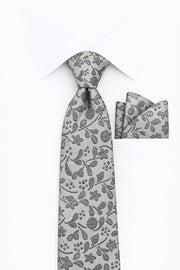 GRAY FLORAL 2 PC TIE & HANKIE SET