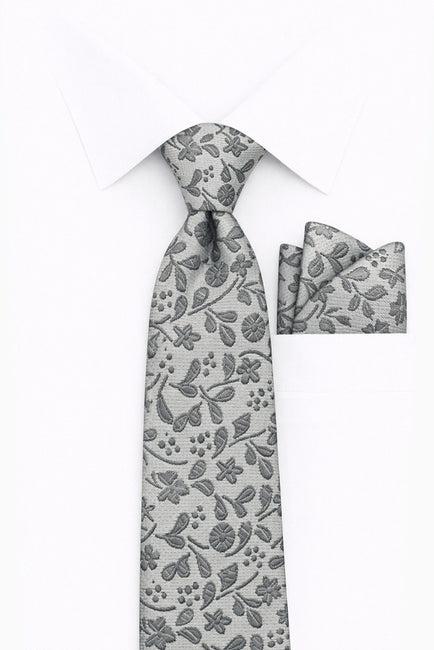 GRAY FLORAL 2 PC TIE & HANKIE SET