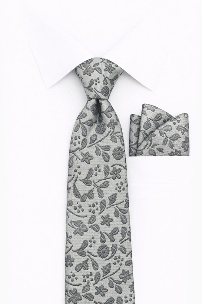 GRAY FLORAL 2 PC TIE & HANKIE SET