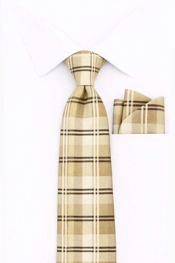 TAN PLAID 2 PC TIE & HANKIE SET