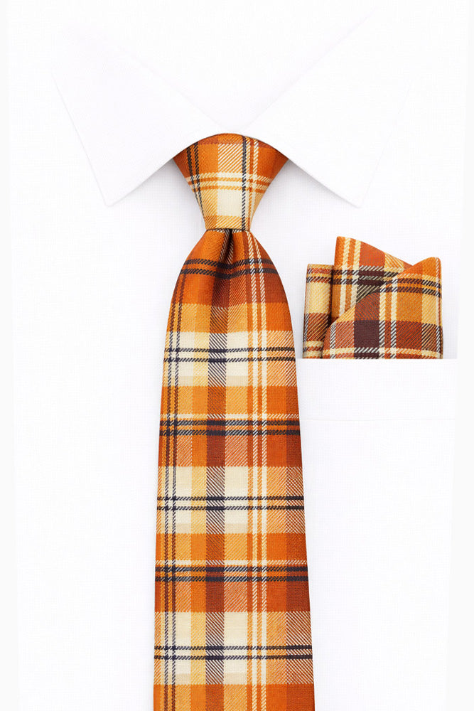 ORANGE PLAID 2 PC TIE & HANKIE SET