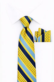 YELLOW BLUE STRIPE  2 PC TIE & HANKIE SET