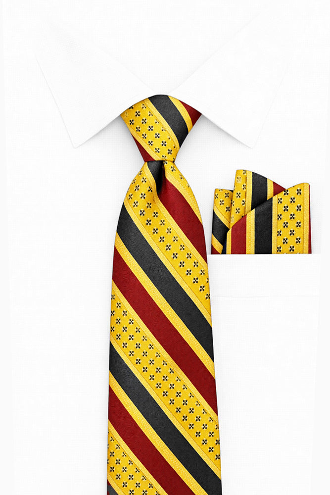 YELLOW RED STRIPE  2 PC TIE & HANKIE SET