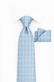 LIGHT BLUE WINDOW PANE PLAID 2 PC TIE & HANKIE SET