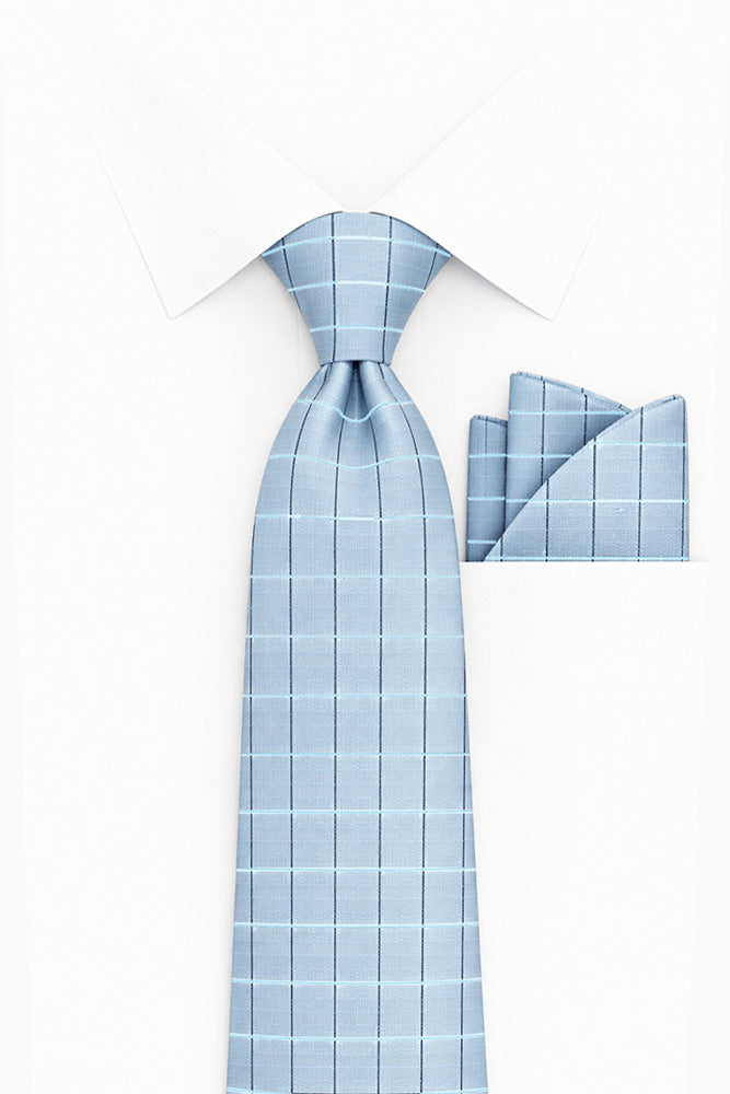 LIGHT BLUE WINDOW PANE PLAID 2 PC TIE & HANKIE SET