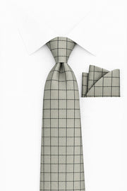 GRAY WINDOW PANE PLAID 2 PC TIE & HANKIE SET