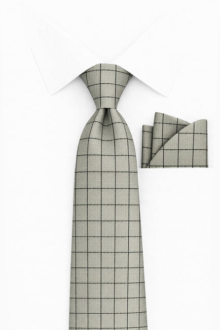 GRAY WINDOW PANE PLAID 2 PC TIE & HANKIE SET