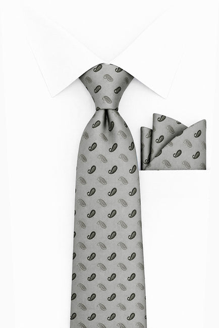 GRAY PAISLEY 2 PC TIE & HANKIE SET
