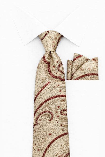 TAN BURGUNDY PAISLEY 2 PC TIE & HANKIE SET