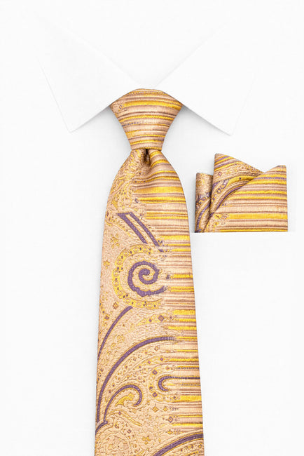 YELLOW PURPLE PAISLEY 2 PC TIE & HANKIE SET