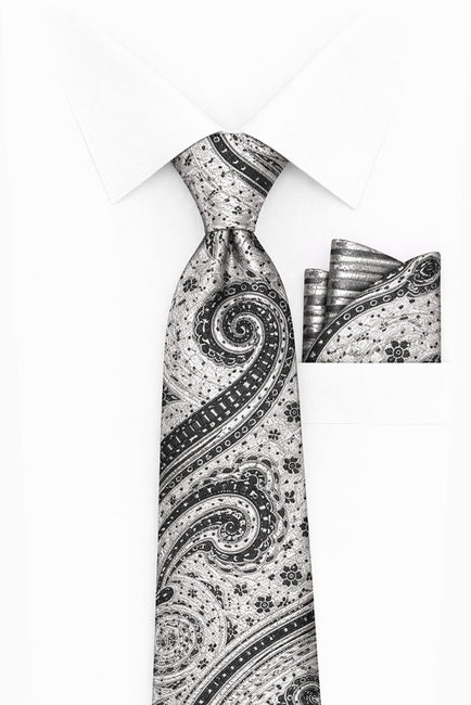 GRAY PAISLEY 2 PC TIE & HANKIE SET