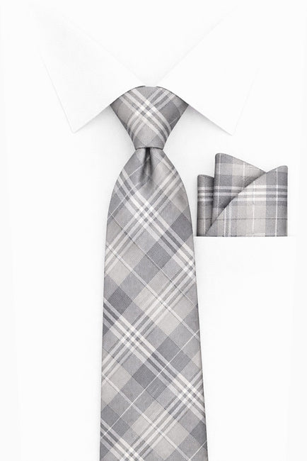 GREY PLAID 2 PC TIE & HANKIE SET