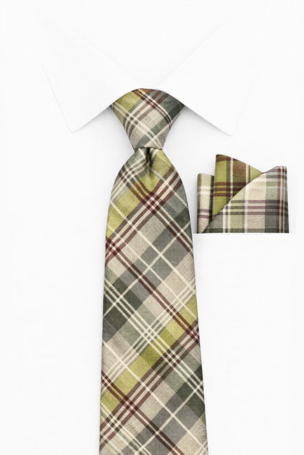 GREEN PLAID 2 PC TIE & HANKIE SET