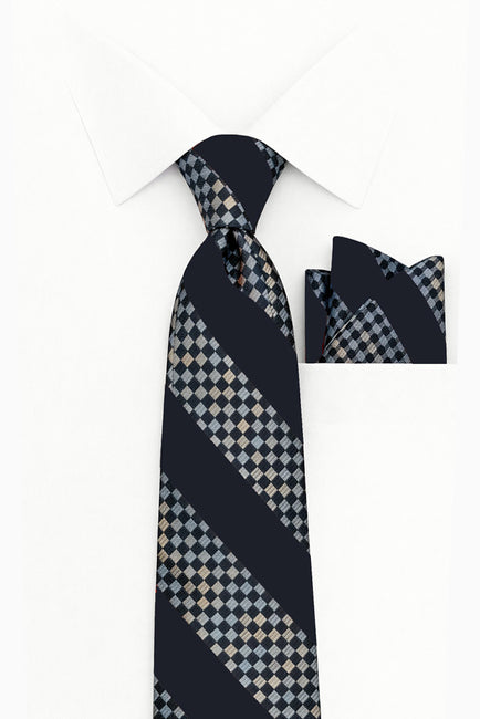 BLACK STRIPE  2 PC TIE & HANKIE SET