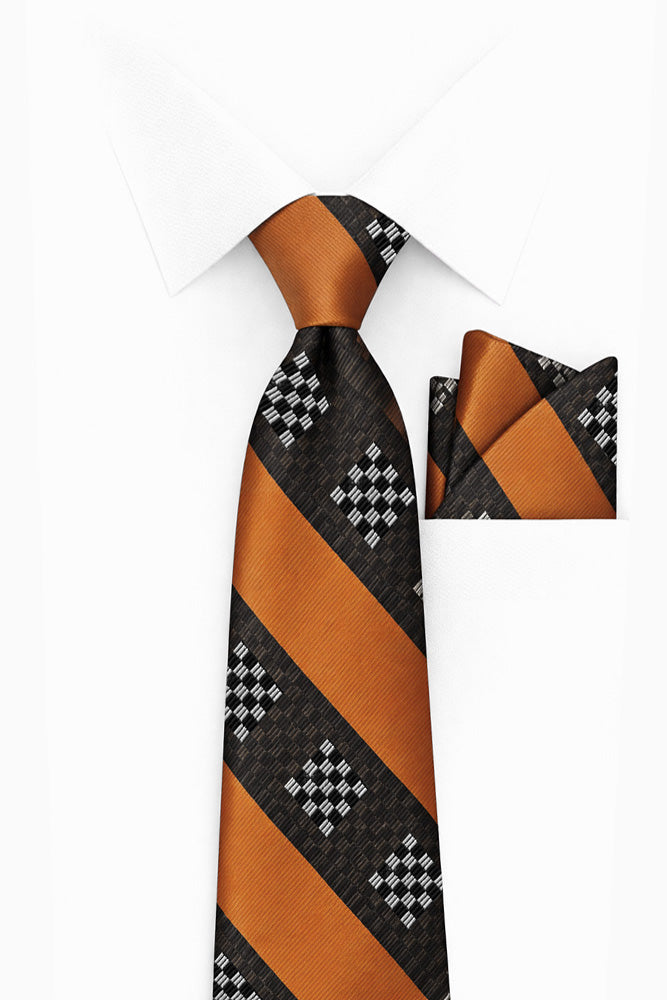 ORANGE STRIPE  2 PC TIE & HANKIE SET