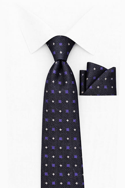 BLACK PURPLE DOT 2 PC TIE & HANKIE SET