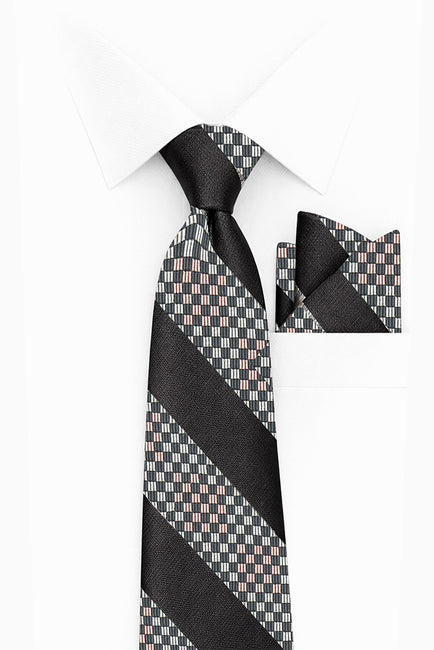 BLACK STRIPE 2 PC TIE & HANKIE SET