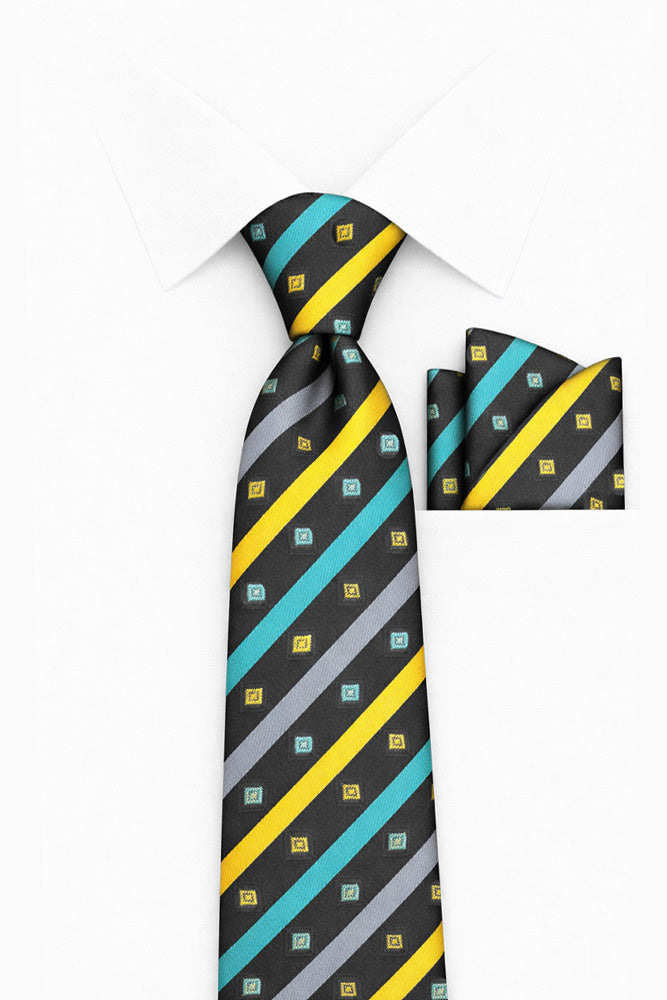 YELLOW TEAL STRIPE 2 PC TIE & HANKIE SET