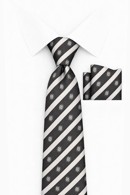 BLACK WHITE STRIPE 2 PC TIE & HANKIE SET